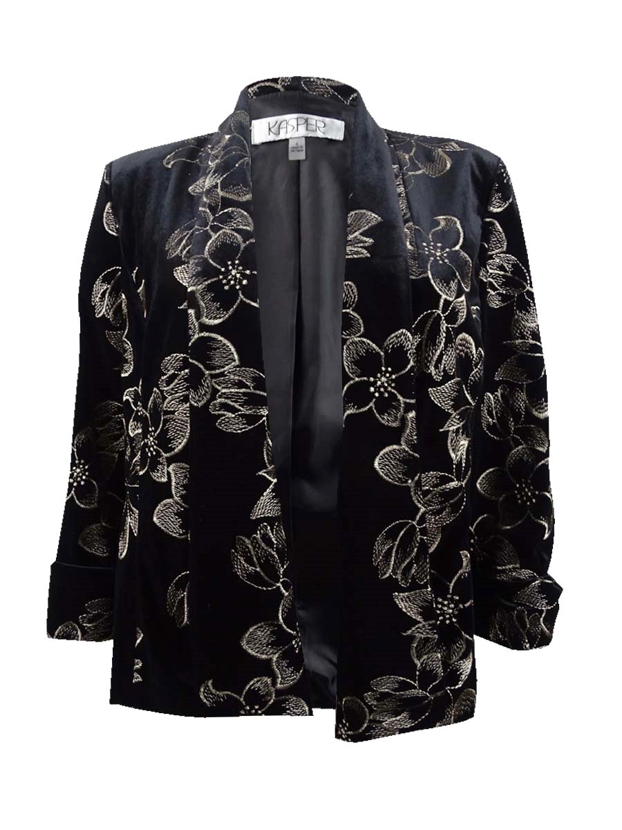 kasper-women-s-floral-print-velvet-flyaway-jacket-10-black-gold-ebay